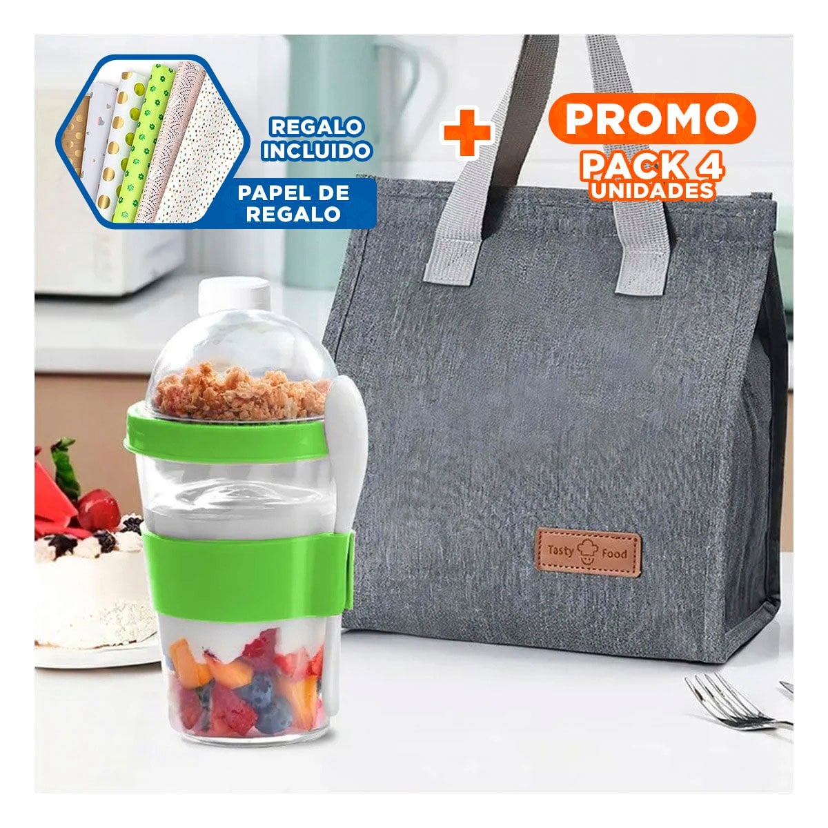 PACK4 VASO EN VERDE LIMON PARA YOGURT Y CEREAL CON FORMATO 350 ML PRACTICO Y+PAPEL REGALO - 1