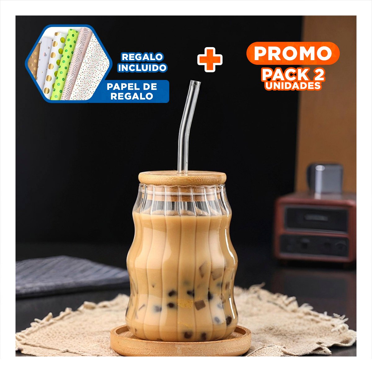 PACK2 COPA PERSONAL DE VIDRIO 500 ML CON DISENO TRANSPARENTE Y+PAPEL REGALO - 1