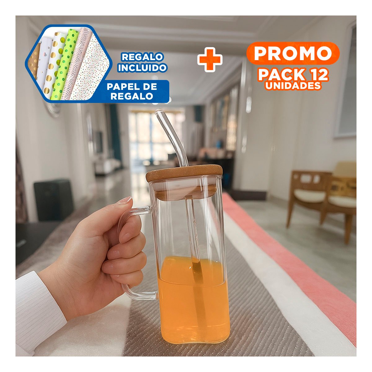 PACK12 CONTENEDOR PARA BEBIDAS 350 ML DE VIDRIO CON ASA Y SORBETE Y+PAPEL REGALO - 1