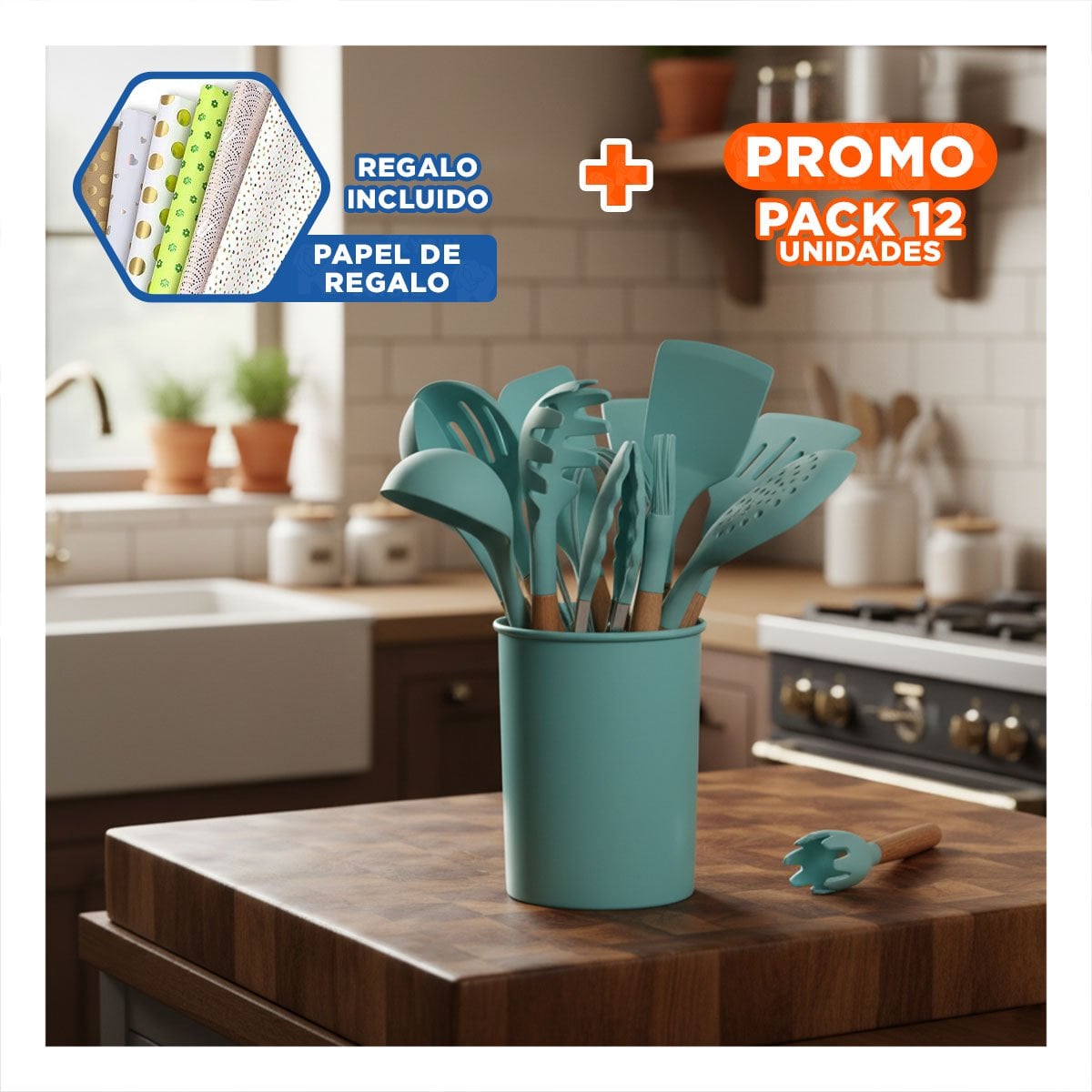 PACK12 COLECCION DE COCINA EN SILICONA COLOR VERDE CON 12 PIEZAS PARA USO DIARIO Y+PAPEL REGALO - 1