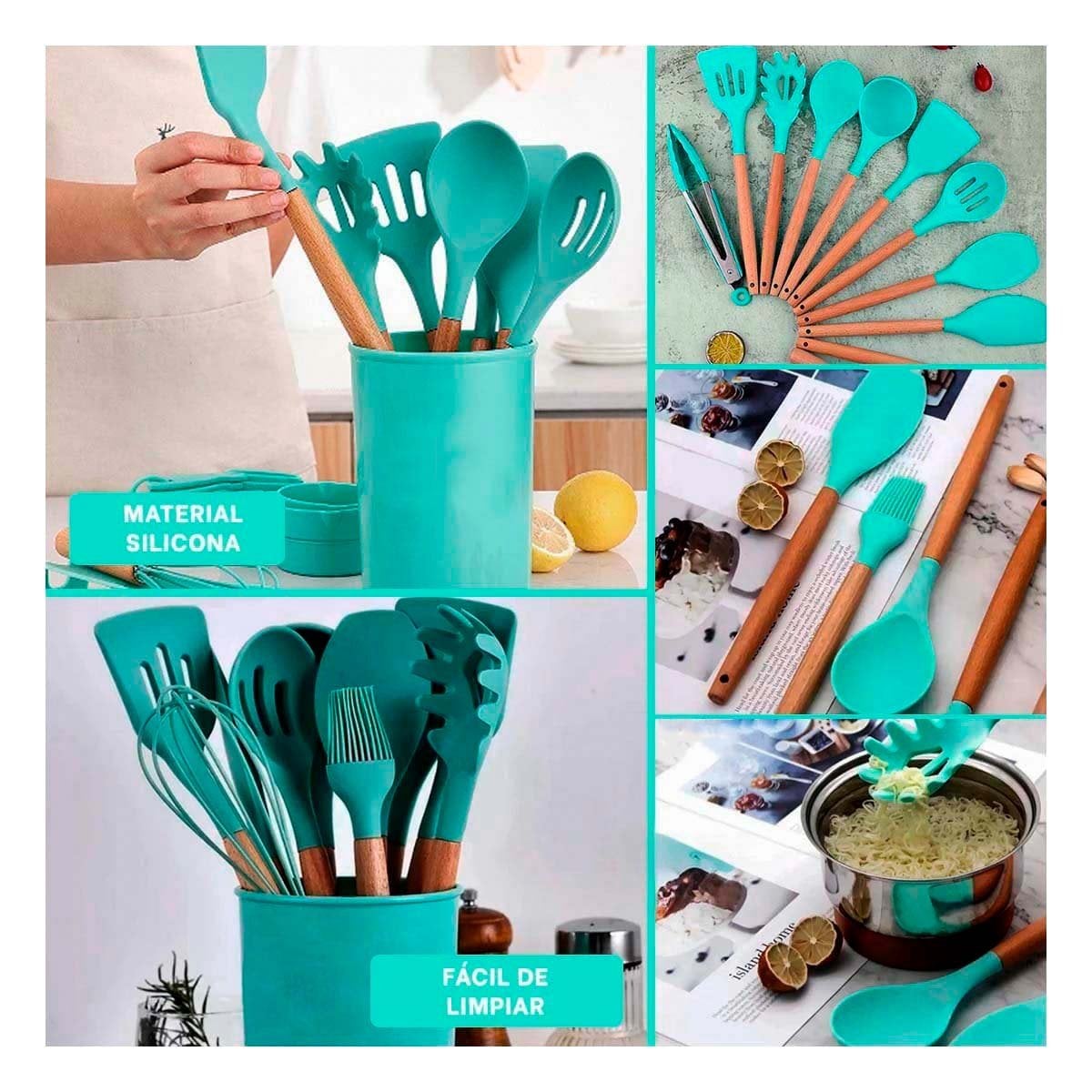 PACK12 COLECCION DE COCINA EN SILICONA COLOR VERDE CON 12 PIEZAS PARA USO DIARIO Y+PAPEL REGALO - 2