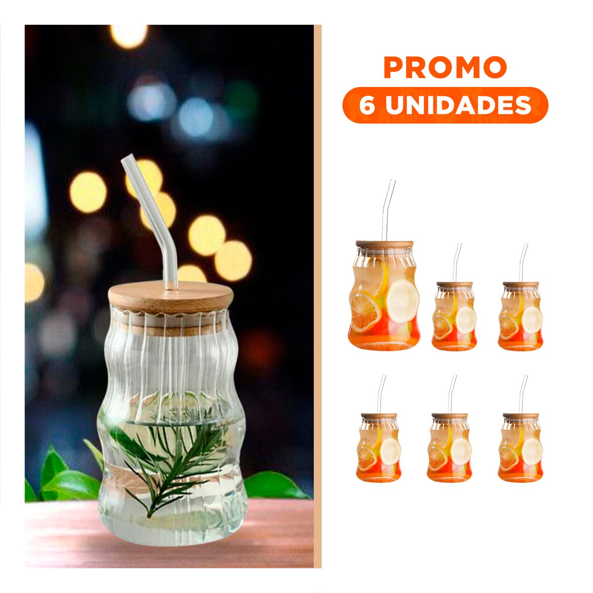 PACK6 JARRA RAYADA DE VIDRIO 500 ML CON TAPA AJUSTABLE - 1
