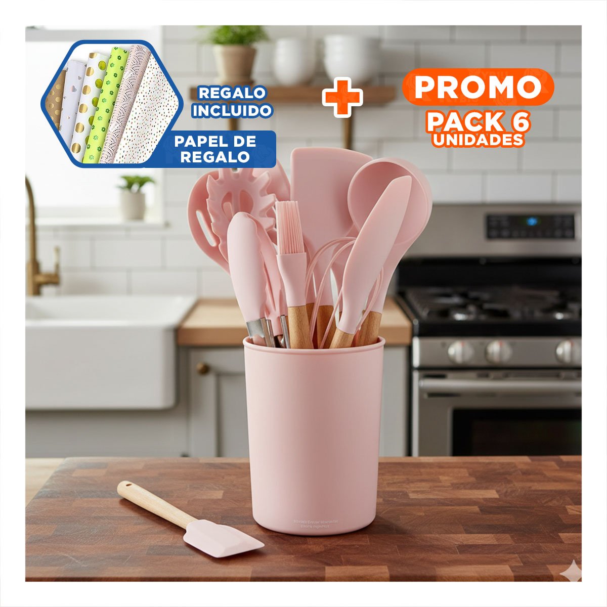 PACK6 CONJUNTO DE COCINA EN SILICONA COLOR ROSADO CON 12 PIEZAS PARA USO DIARIO Y+PAPEL REGALO - 1
