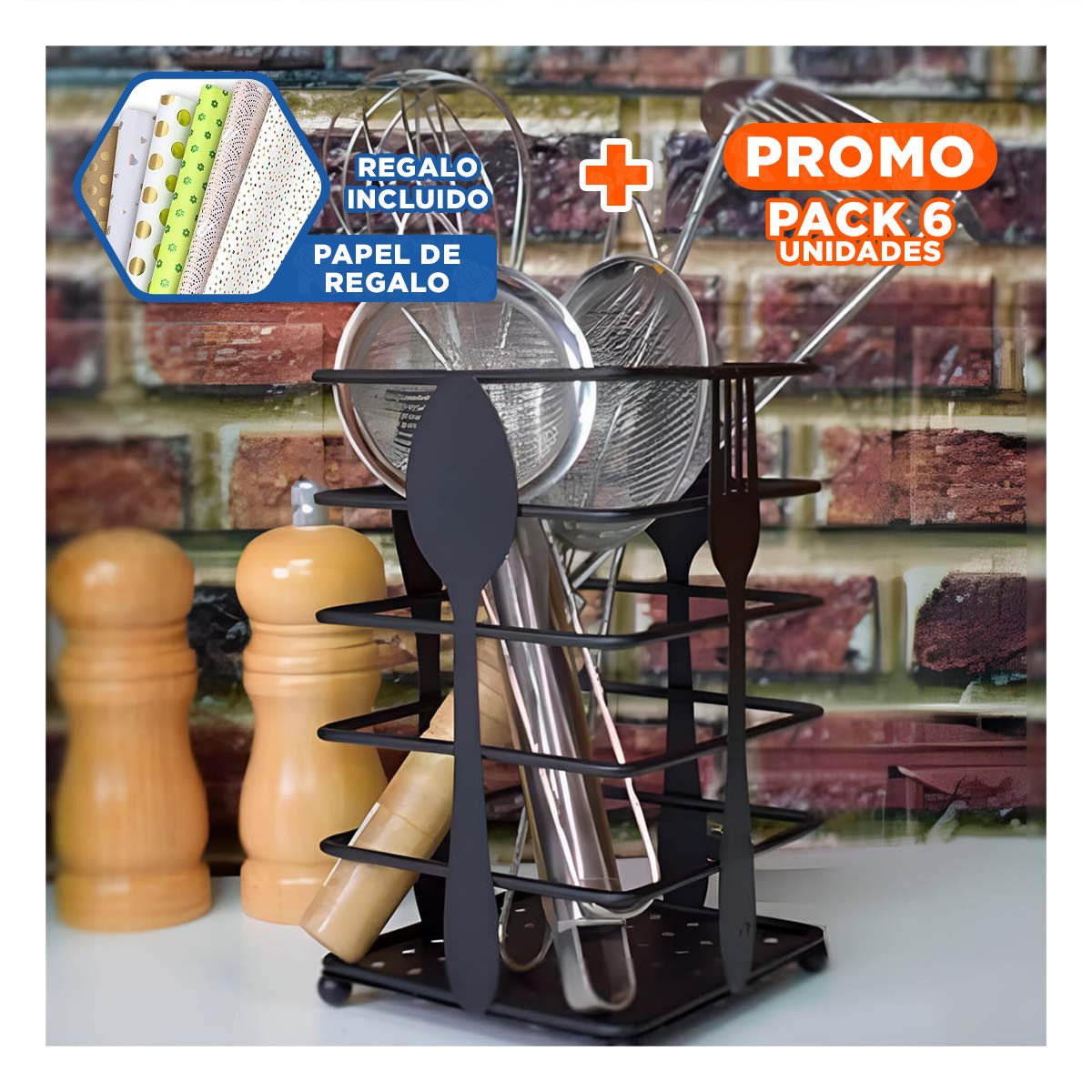 PACK6 SOPORTE RECTANGULAR DE COCINA EN METAL NEGRO DESTINADO A CUBIERTOS Y+PAPEL REGALO - 1