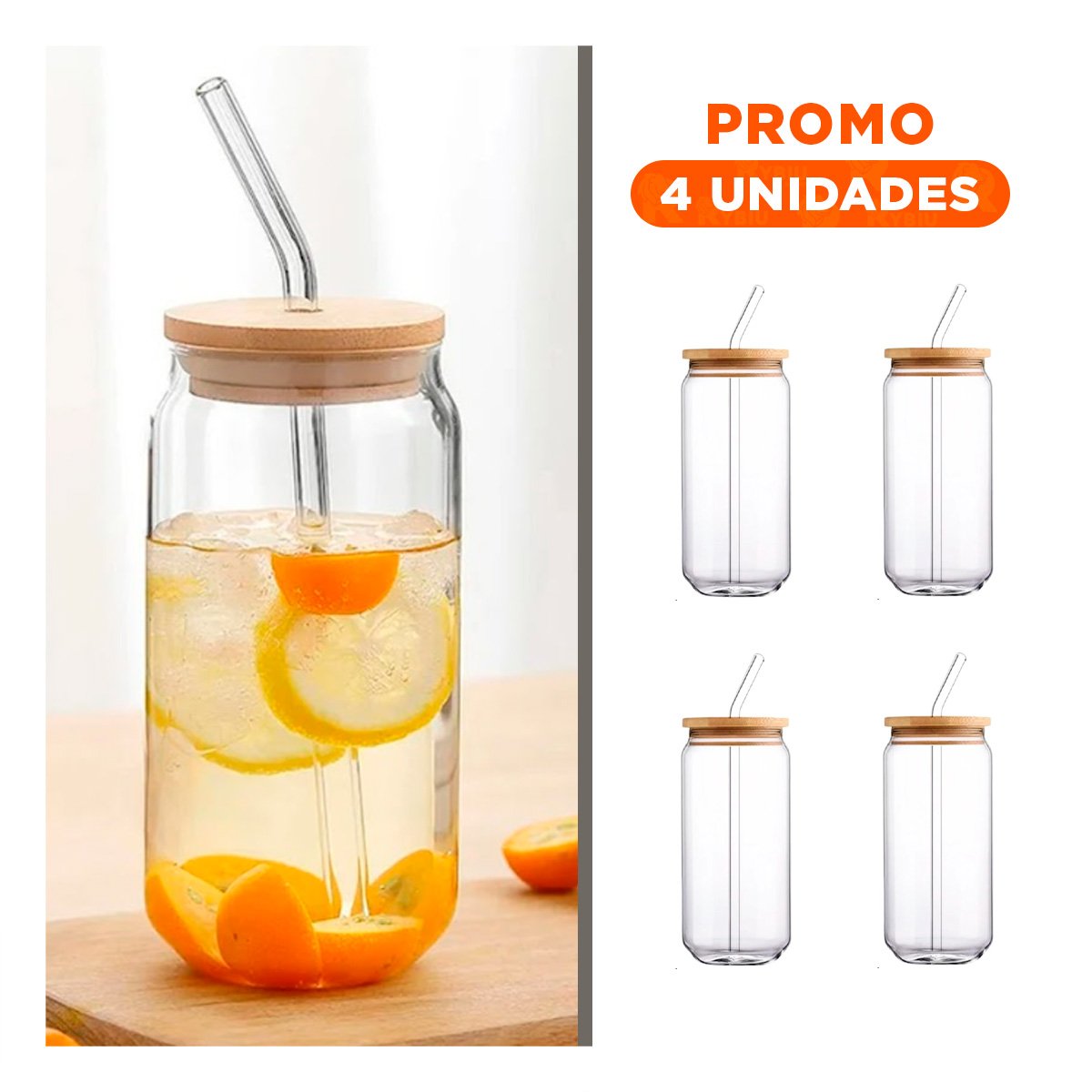 PACK4 VASO PRACTICO DE VIDRIO 500ML CON TAPA Y SORBETE TRANSPARENTE Y+REGALO STICKER - 1