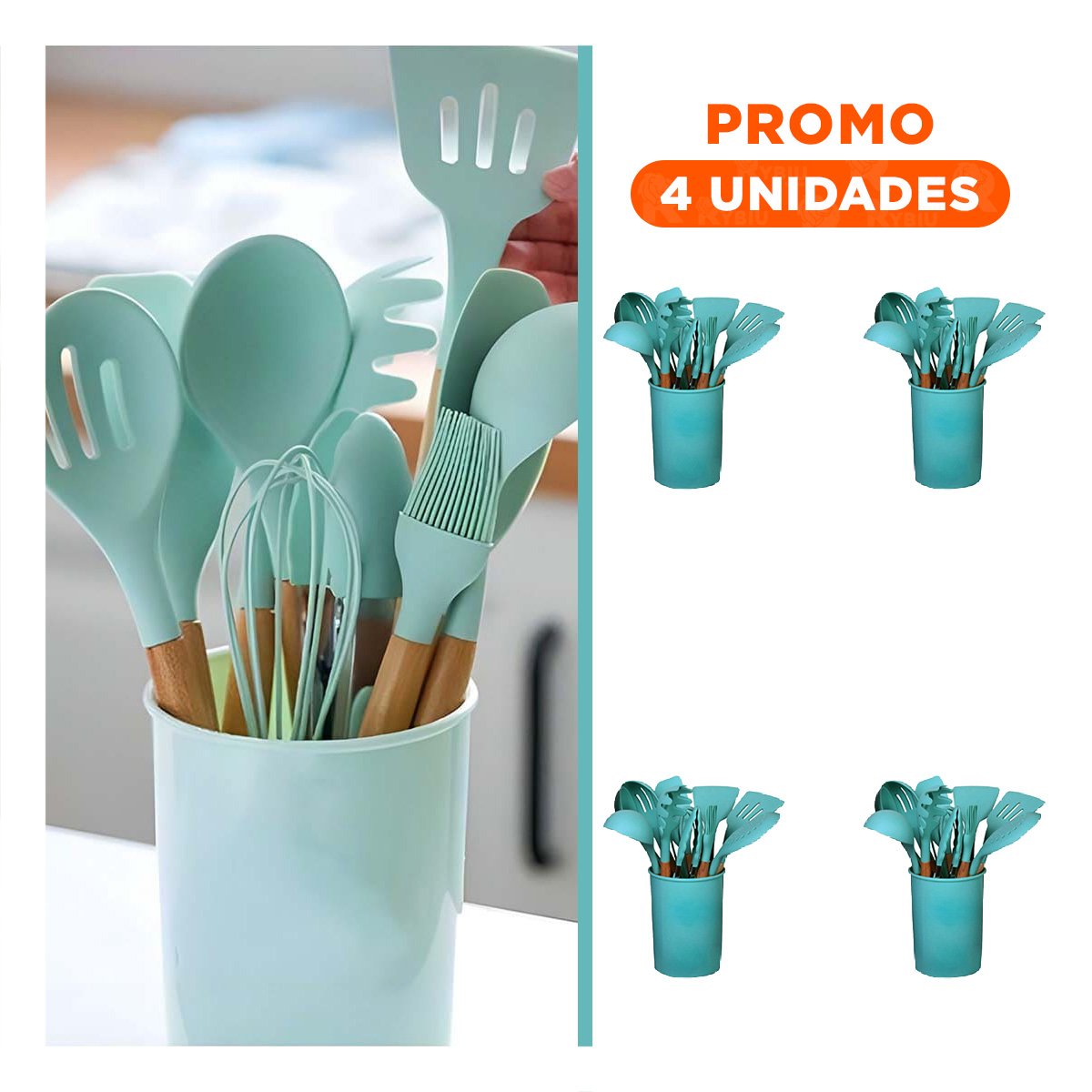 PACK4 CONJUNTO 12 PIEZAS DE UTENSILIOS EN SILICONA COLOR VERDE PARA COCINA Y+REGALO STICKER - 1