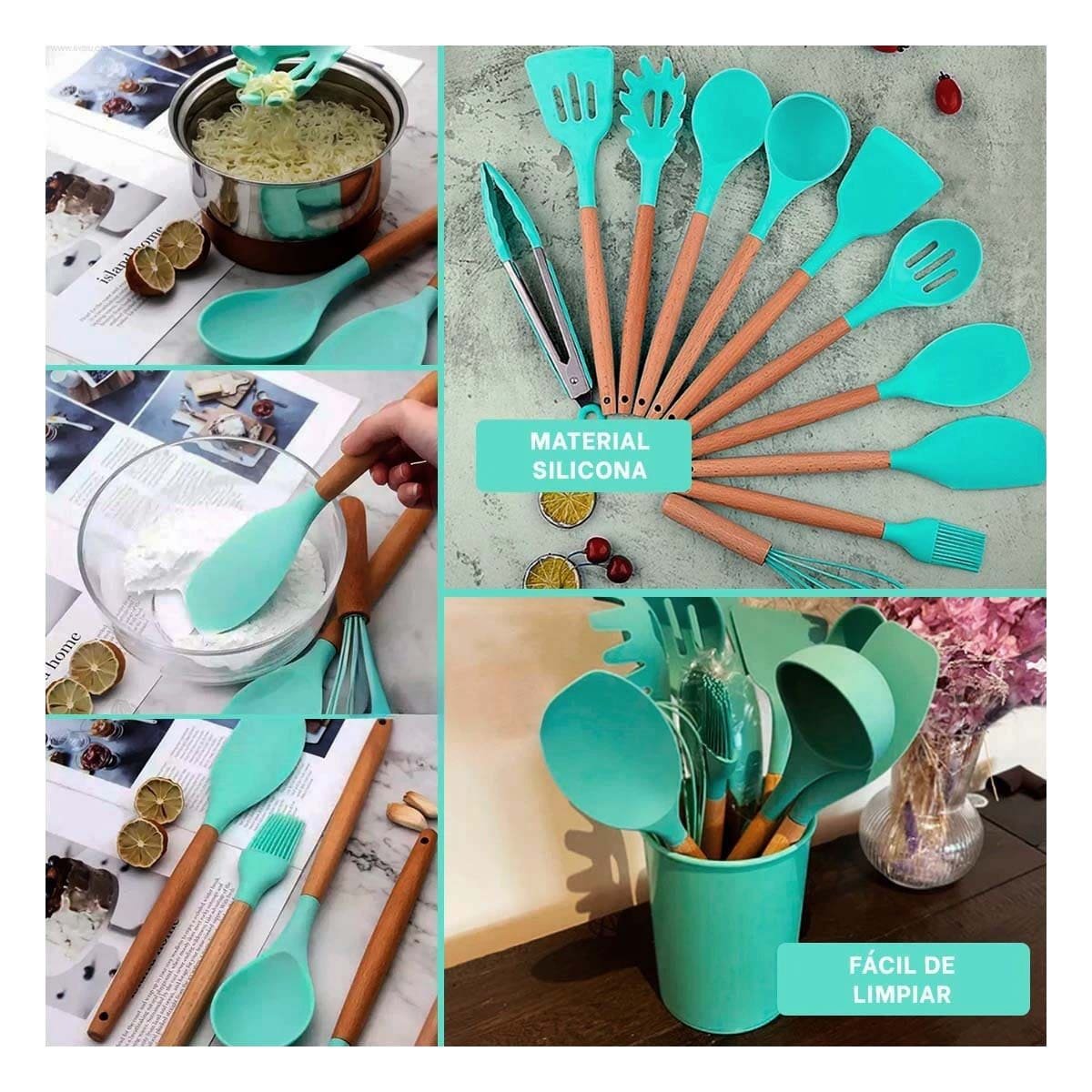 PACK4 CONJUNTO 12 PIEZAS DE UTENSILIOS EN SILICONA COLOR VERDE PARA COCINA Y+REGALO STICKER - 2