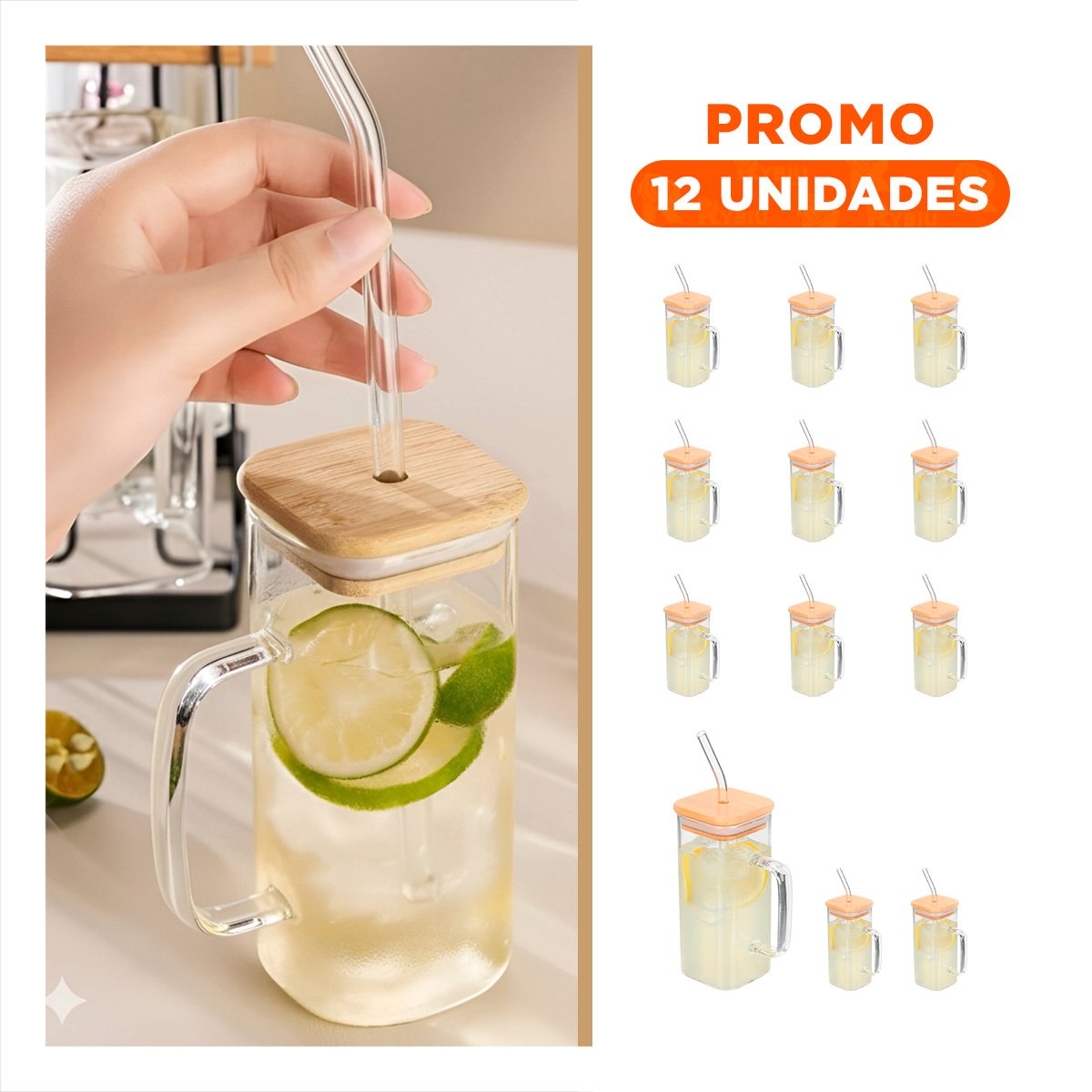 PACK12 VASO PARA JUGOS 350 ML TRANSPARENTE CON ASA TAPA Y+REGALO STICKER - 1