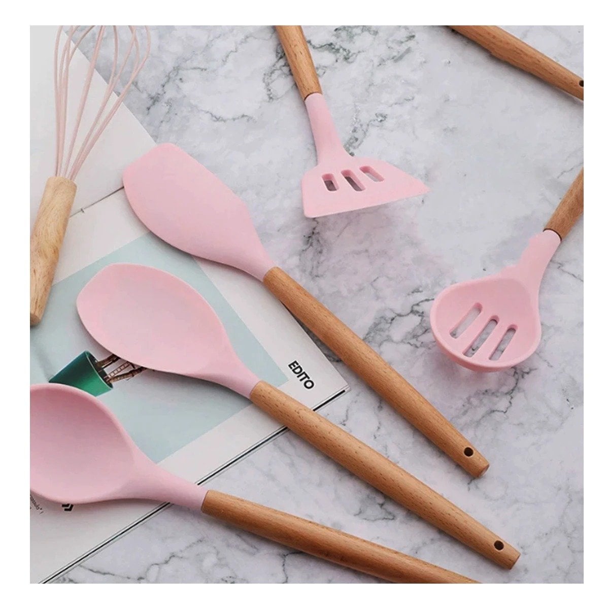 PACK12 COLECCION DE COCINA EN SILICONA COLOR ROSADO CON 12 PIEZAS DE USO DIARIO Y+PAPEL REGALO - 5