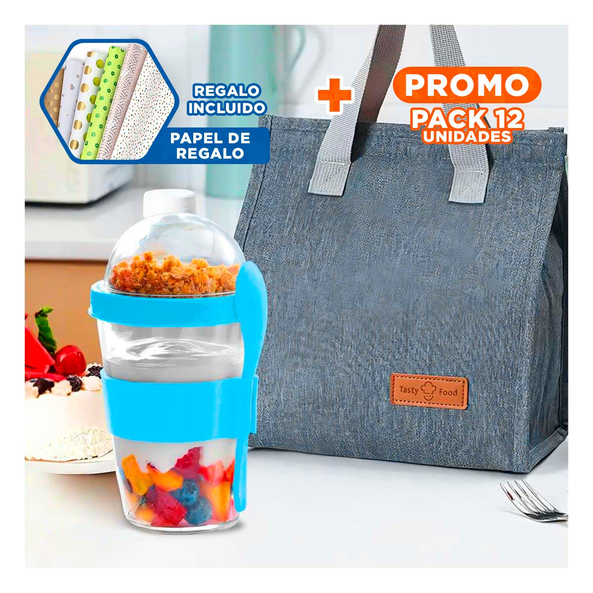 PACK12 TAZA CON 350 ML PARA YOGURT Y CEREAL EN CELESTE FUNCIONAL Y+PAPEL REGALO - 1