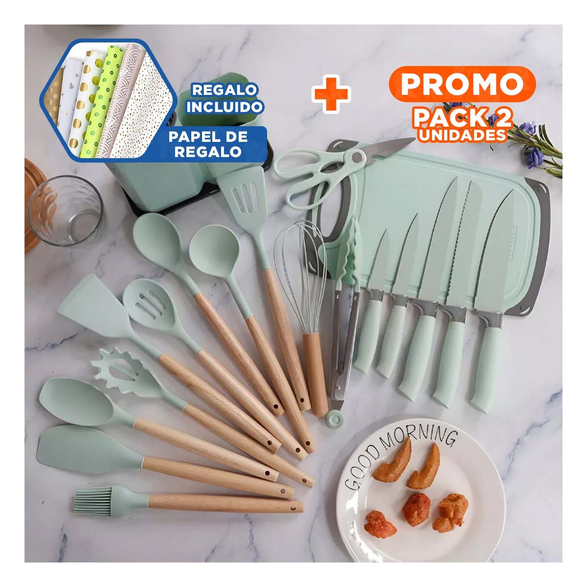 PACK2 SET 18 PIEZAS COCINA PROFESIONAL FABRICADAS EN ACERO INOXIDABLE VERDE Y+PAPEL REGALO - 1