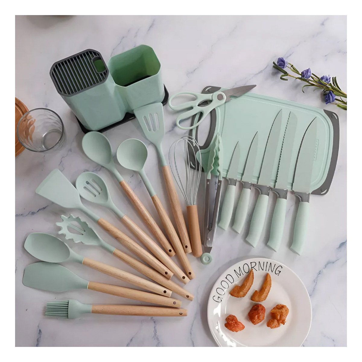 PACK2 SET 18 PIEZAS COCINA PROFESIONAL FABRICADAS EN ACERO INOXIDABLE VERDE Y+PAPEL REGALO - 5
