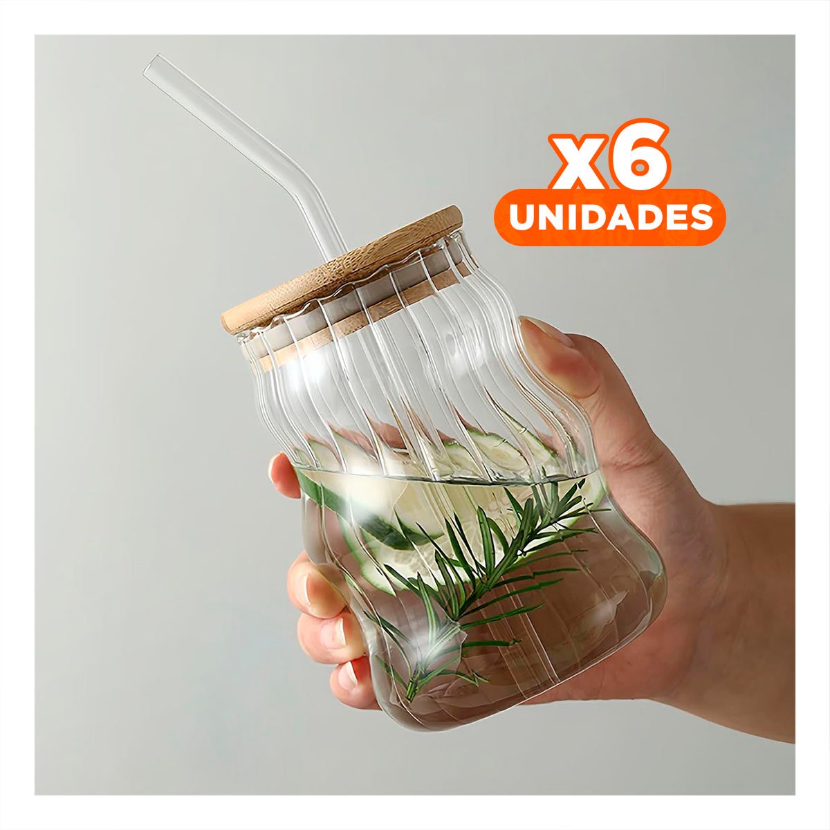 PACK6 FRASCO TRANSPARENTE 500 ML DE VIDRIO CON TAPA Y SORBETE Y+REGALO STICKER - 1