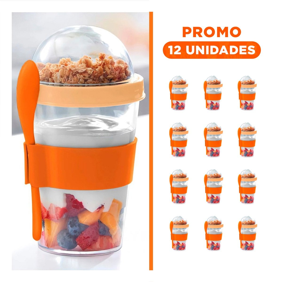 PACK12 TAZA PARA SNACK DIARIO 350 ML CON CUCHARA ANARANJADO PRACTICO Y+REGALO STICKER - 1