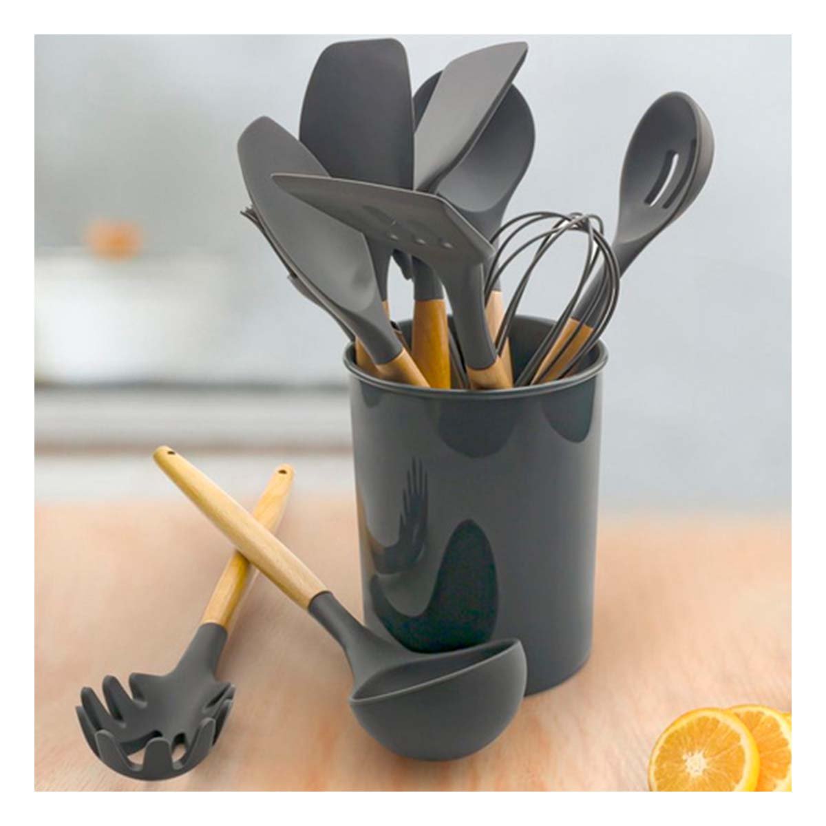PACK12 COLECCION DE COCINA EN SILICONA COLOR GRIS CON 12 PIEZAS PARA USO DIARIO Y+PAPEL REGALO - 5