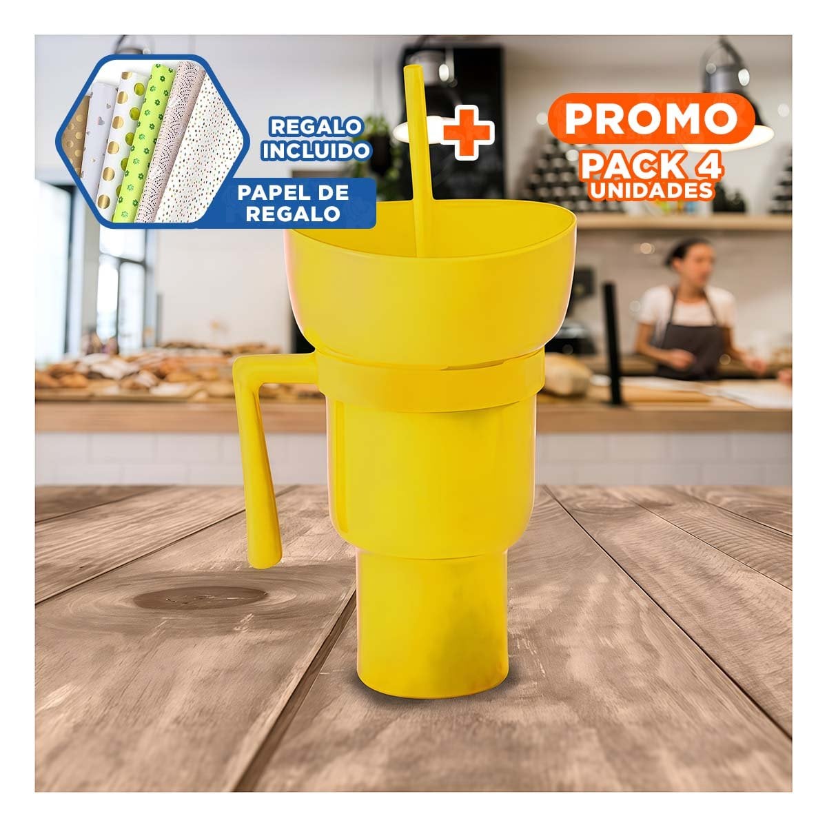 PACK4 VASO 2 EN 1 CON ACABADO AMARILLO Y FABRICACION ABS PARA USO FAMILIAR Y+PAPEL REGALO - 1