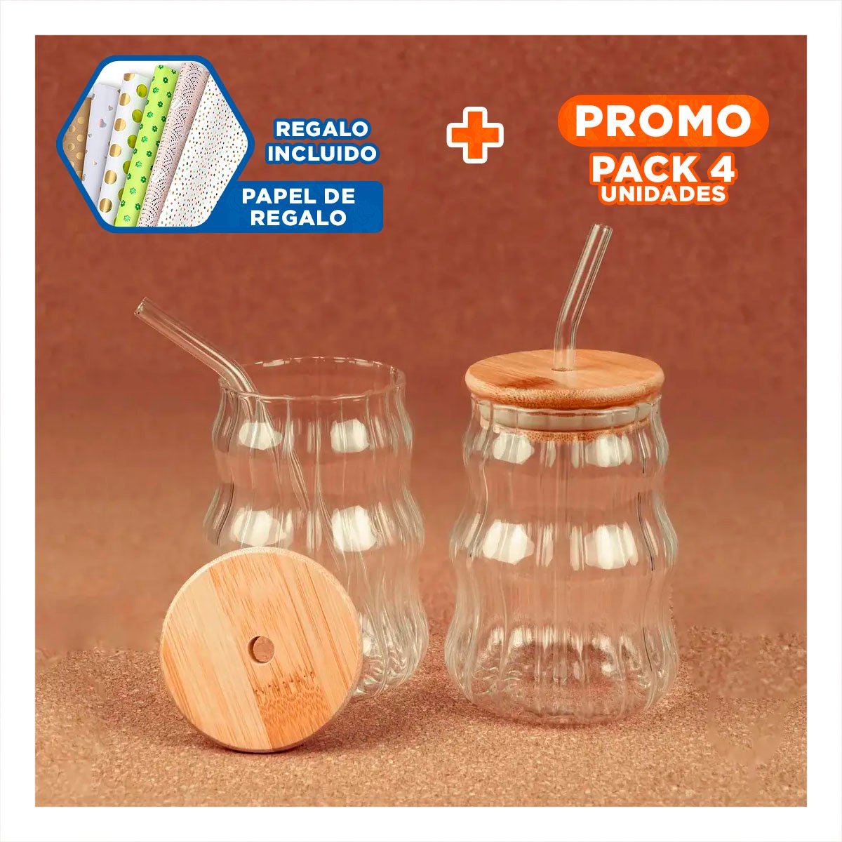 PACK4 JARRA MODERNA DE VIDRIO 500 ML CON DISENO RAYAS Y+PAPEL REGALO - 1