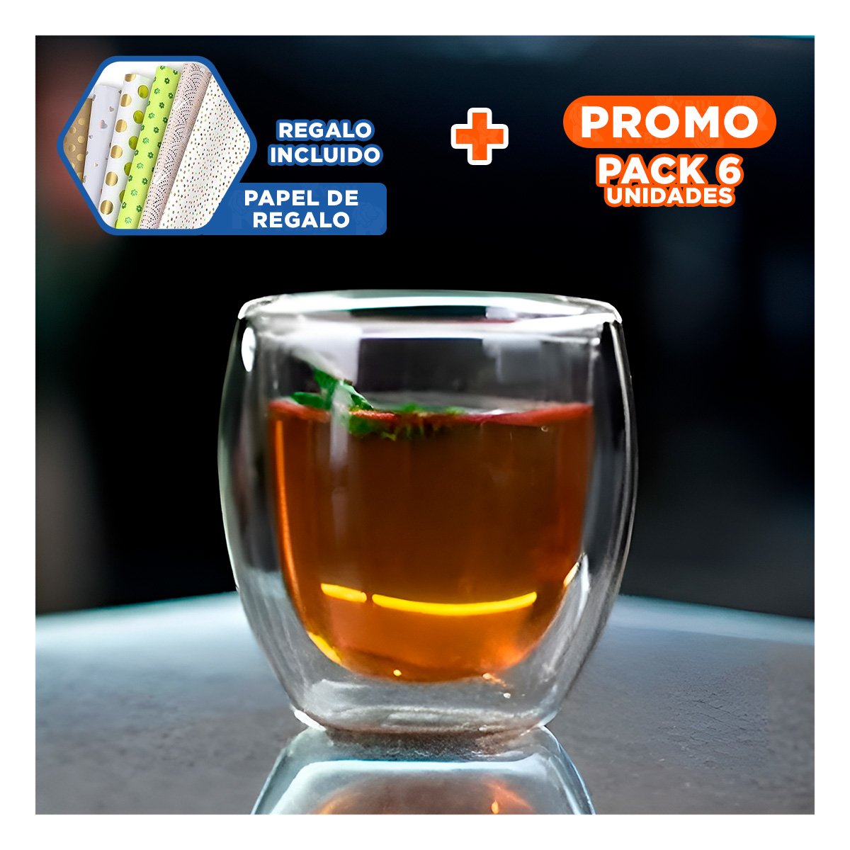 PACK6 HOGAR VASO DOBLE CAPA 460 ML TRANSPARENTE ACCESORIO NAVIDAD BLANCO Y+PAPEL REGALO - 1