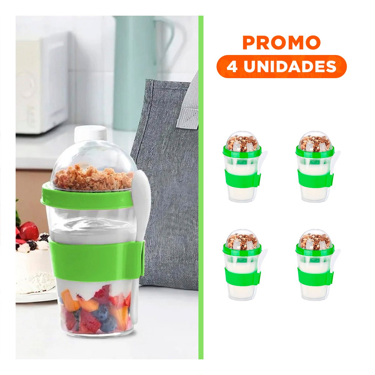 PACK4 CONTENEDOR 350 ML CON CUCHARA VERDE LIMON PARA RUTINA PRACTICA Y+REGALO STICKER - 1