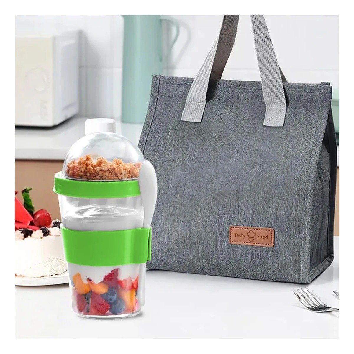 PACK4 CONTENEDOR 350 ML CON CUCHARA VERDE LIMON PARA RUTINA PRACTICA Y+REGALO STICKER - 3