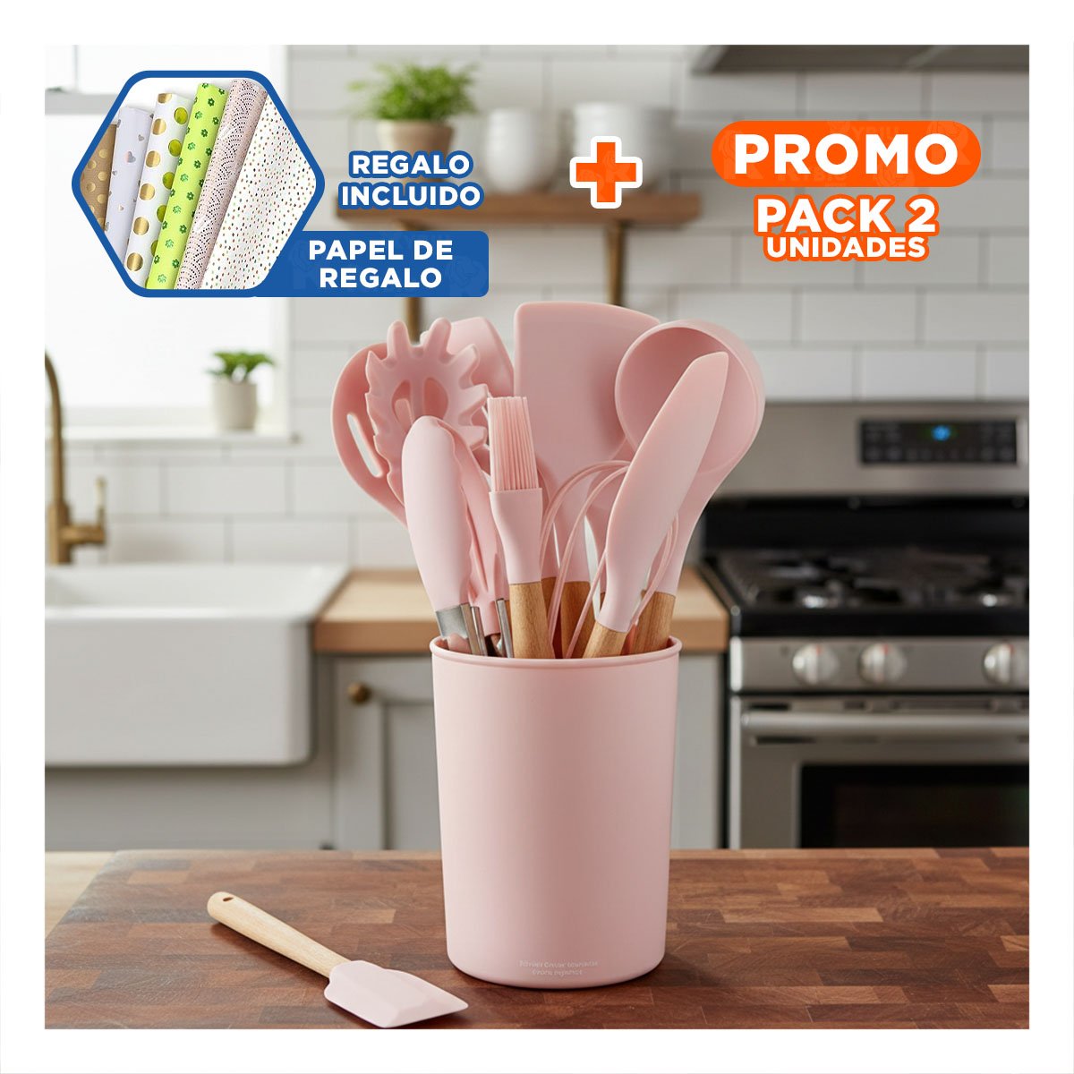 PACK2 SET DE COCINA EN SILICONA COLOR ROSADO CON FORMATO DE 12 PIEZAS Y+PAPEL REGALO - 1