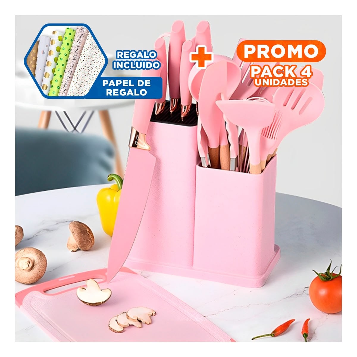 PACK4 SET ROSADO COCINA PROFESIONAL INTEGRA 18 PIEZAS DE ACERO INOXIDABLE Y+PAPEL REGALO - 1