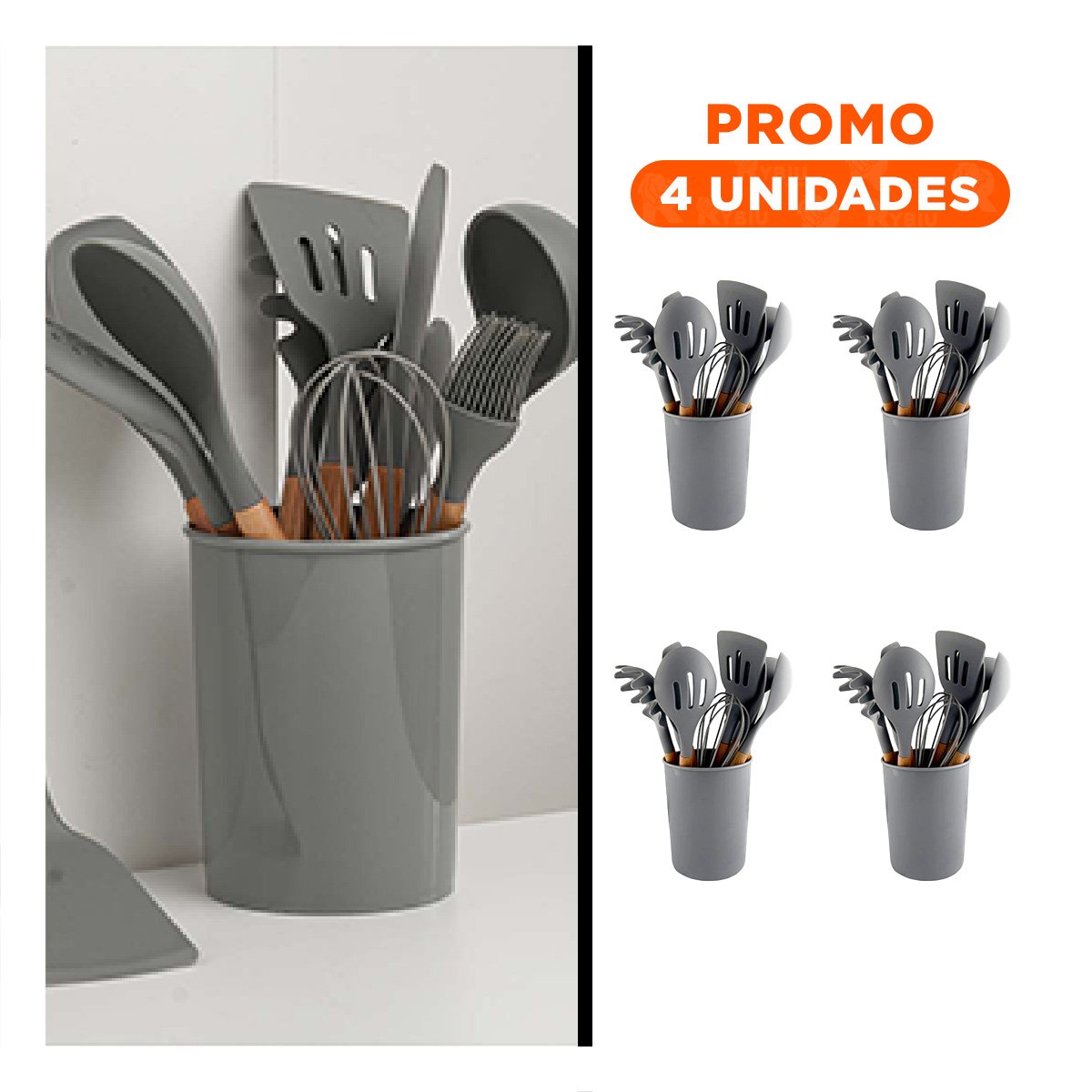 PACK4 CONJUNTO 12 PIEZAS DE UTENSILIOS EN SILICONA COLOR GRIS PARA COCINA Y+REGALO STICKER - 1