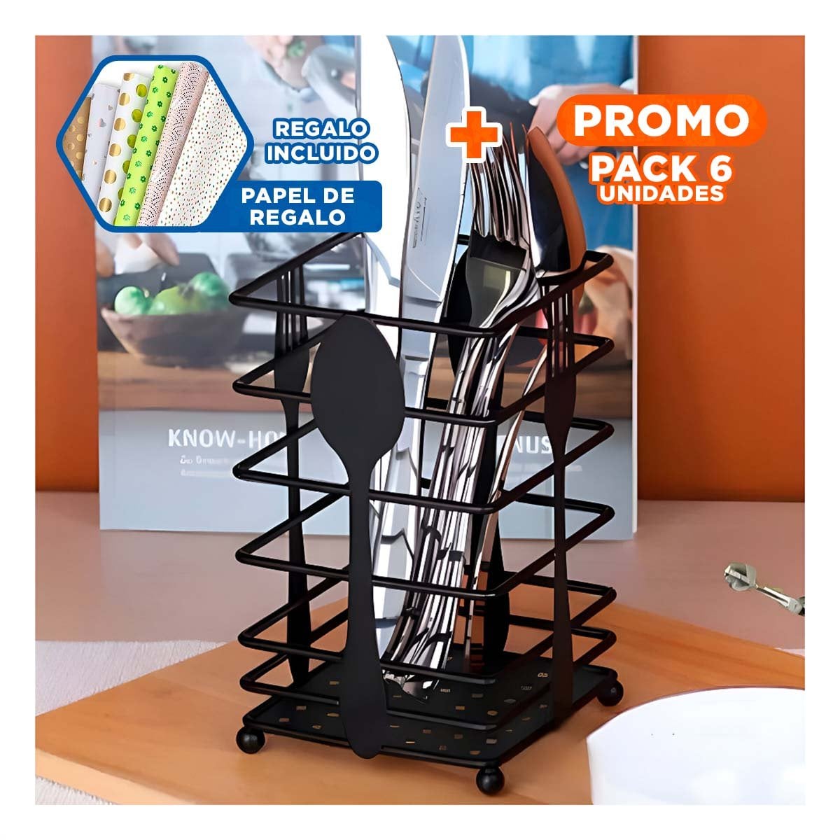 PACK4 ORGANIZADOR PARA CUBIERTOS DE COCINA RECTANGULAR METAL NEGRO Y+PAPEL REGALO - 1