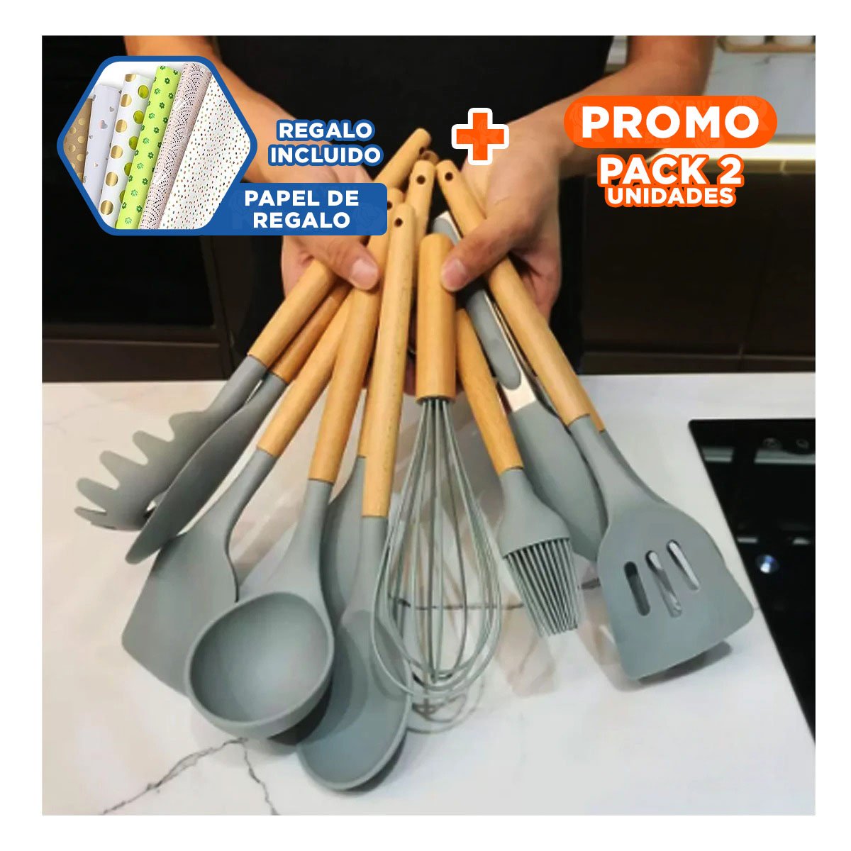 PACK2 SET DE COCINA EN SILICONA COLOR GRIS CON FORMATO DE 12 PIEZAS RESISTENTES Y+PAPEL REGALO - 1