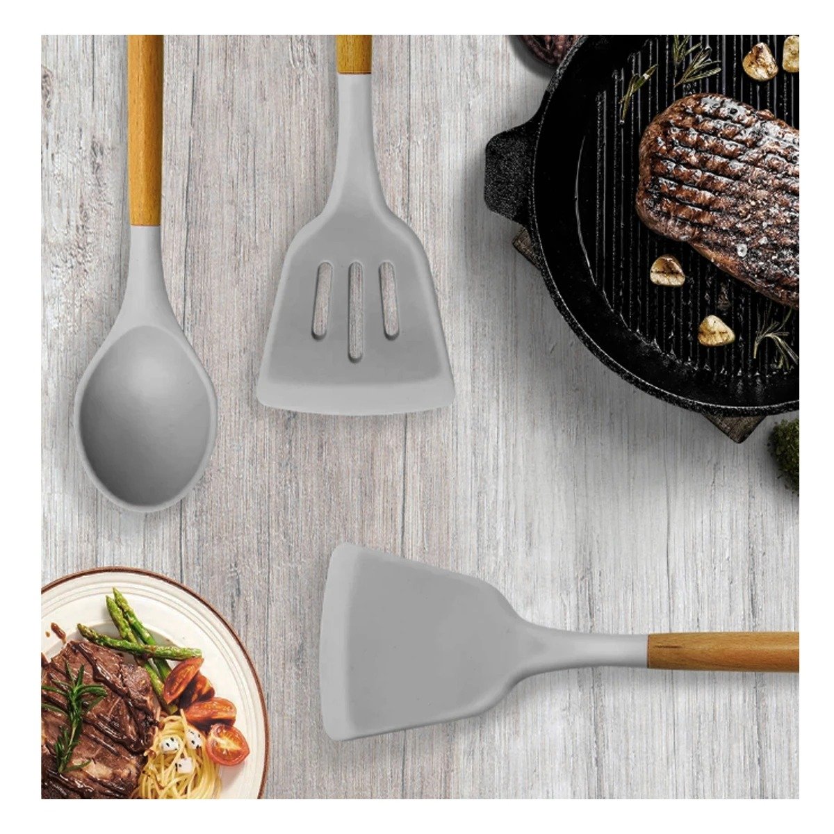 PACK2 SET DE COCINA EN SILICONA COLOR GRIS CON FORMATO DE 12 PIEZAS RESISTENTES Y+PAPEL REGALO - 5