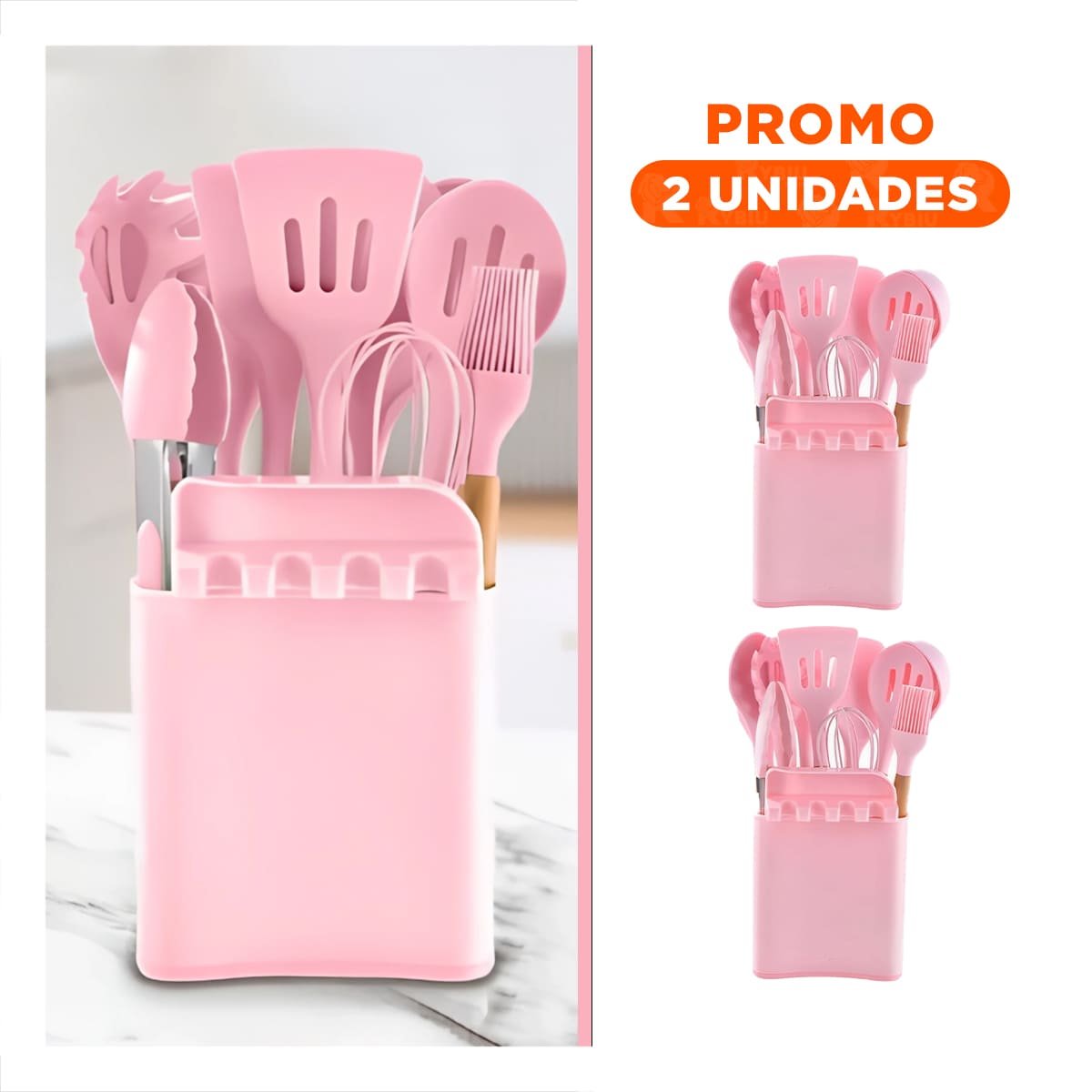 PACK2 CUCHARONES MULTIUSO DE COLOR ROSADO EN SILICONA SET DE 11 CON SOPORTE - 1