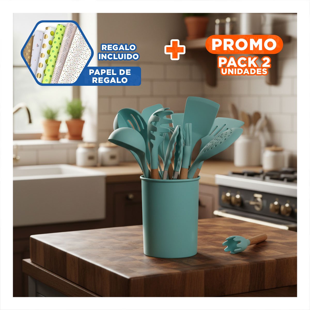 PACK2 SET DE COCINA EN SILICONA COLOR VERDE CON FORMATO DE 12 PIEZAS RESISTENTES Y+PAPEL REGALO - 1