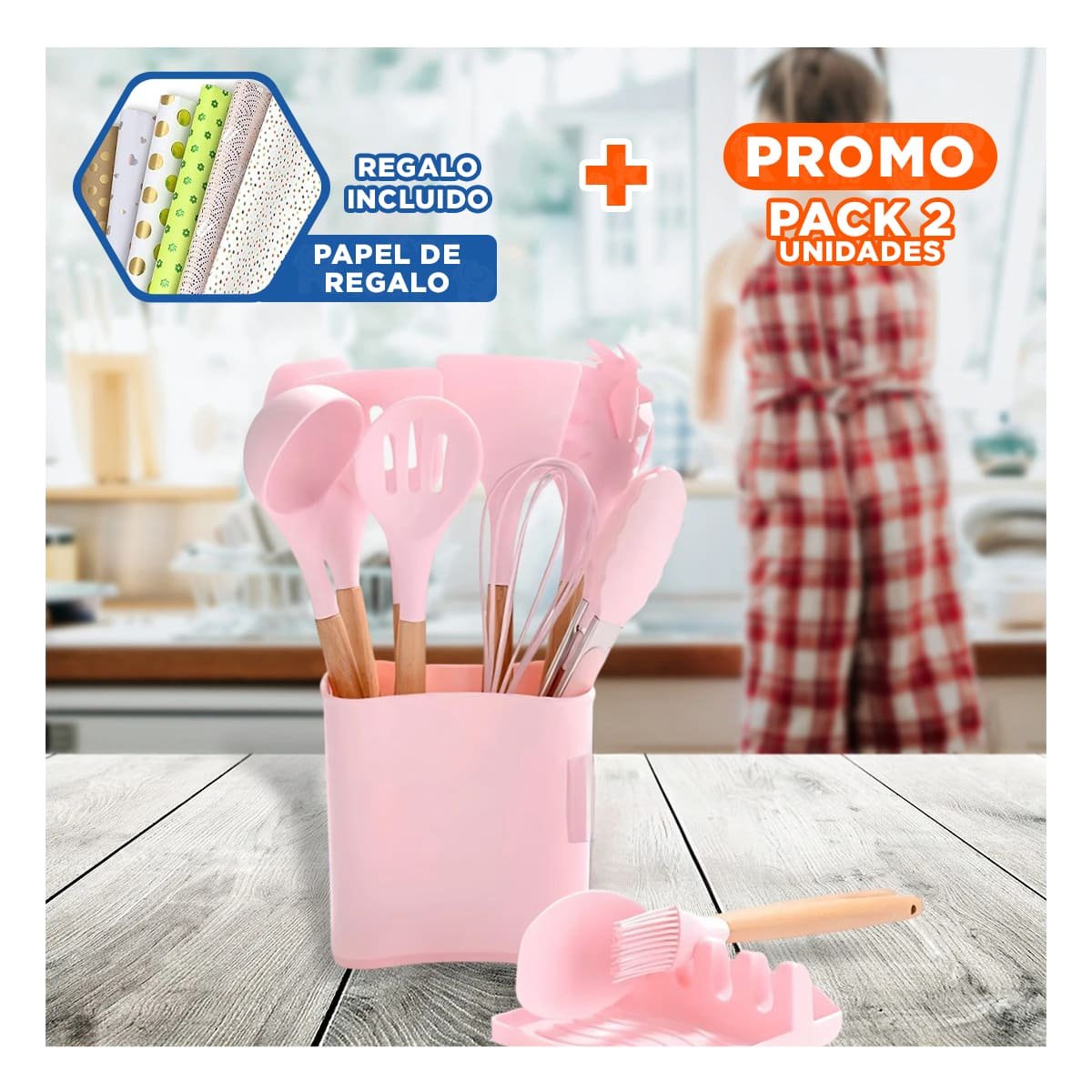 PACK2 CUCHARONES ANTIADHERENTES DE COLOR ROSADO SILICONA SET DE 11 CON POSA Y+PAPEL REGALO - 1