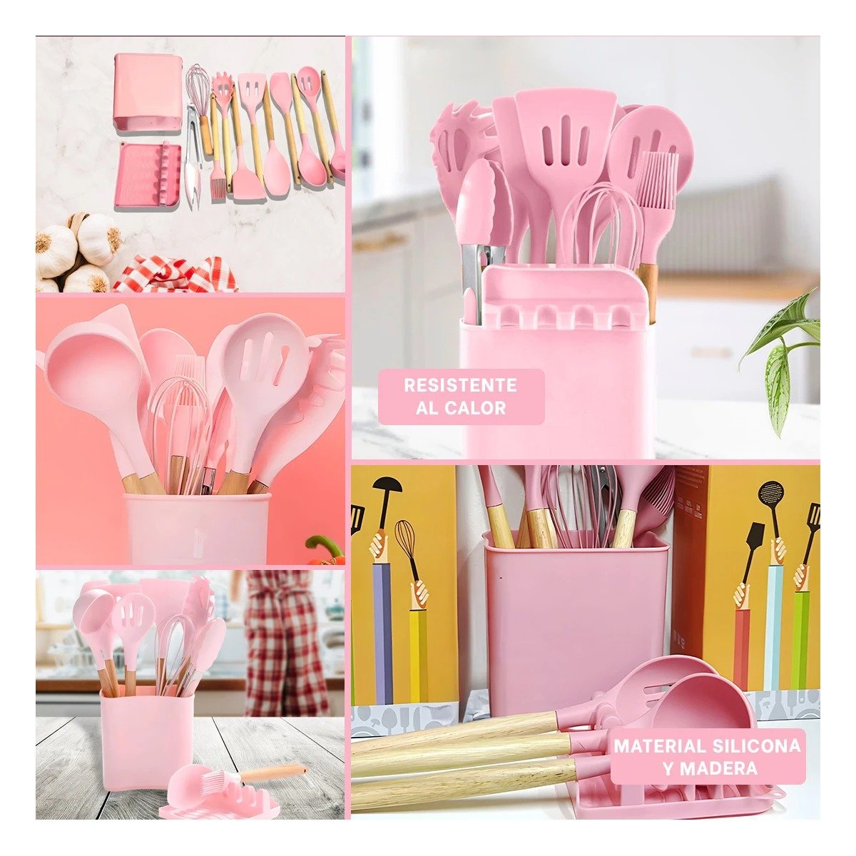 PACK2 CUCHARONES ANTIADHERENTES DE COLOR ROSADO SILICONA SET DE 11 CON POSA Y+PAPEL REGALO - 3