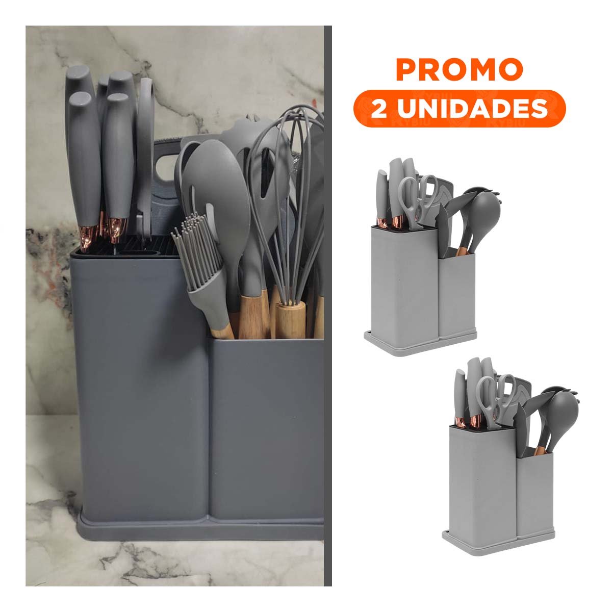 PACK2 SET COCINA INTEGRAL ACABADO PLOMO CON 18 PIEZAS Y TABLA INOXIDABLE - 1