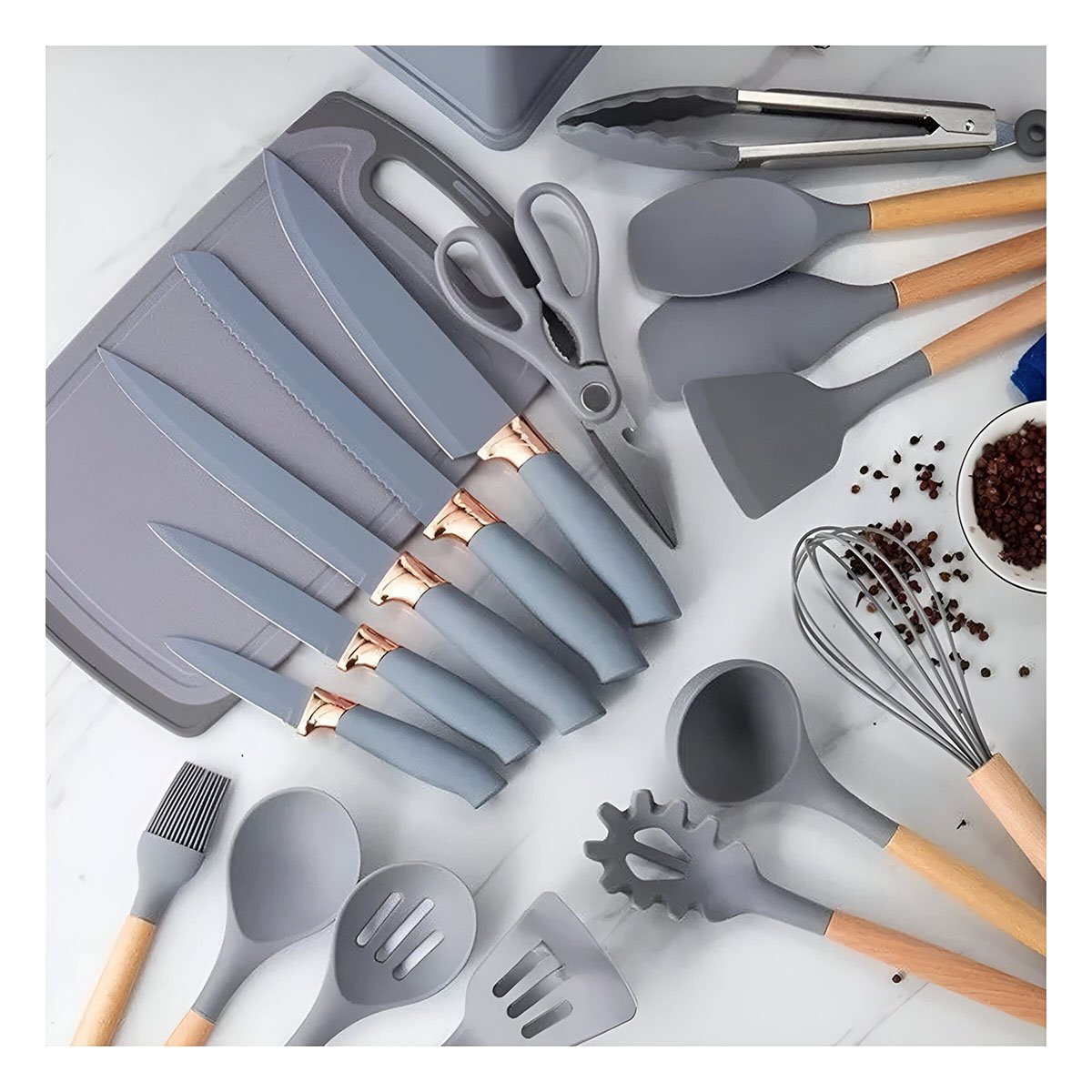 PACK2 SET COCINA INTEGRAL ACABADO PLOMO CON 18 PIEZAS Y TABLA INOXIDABLE - 5