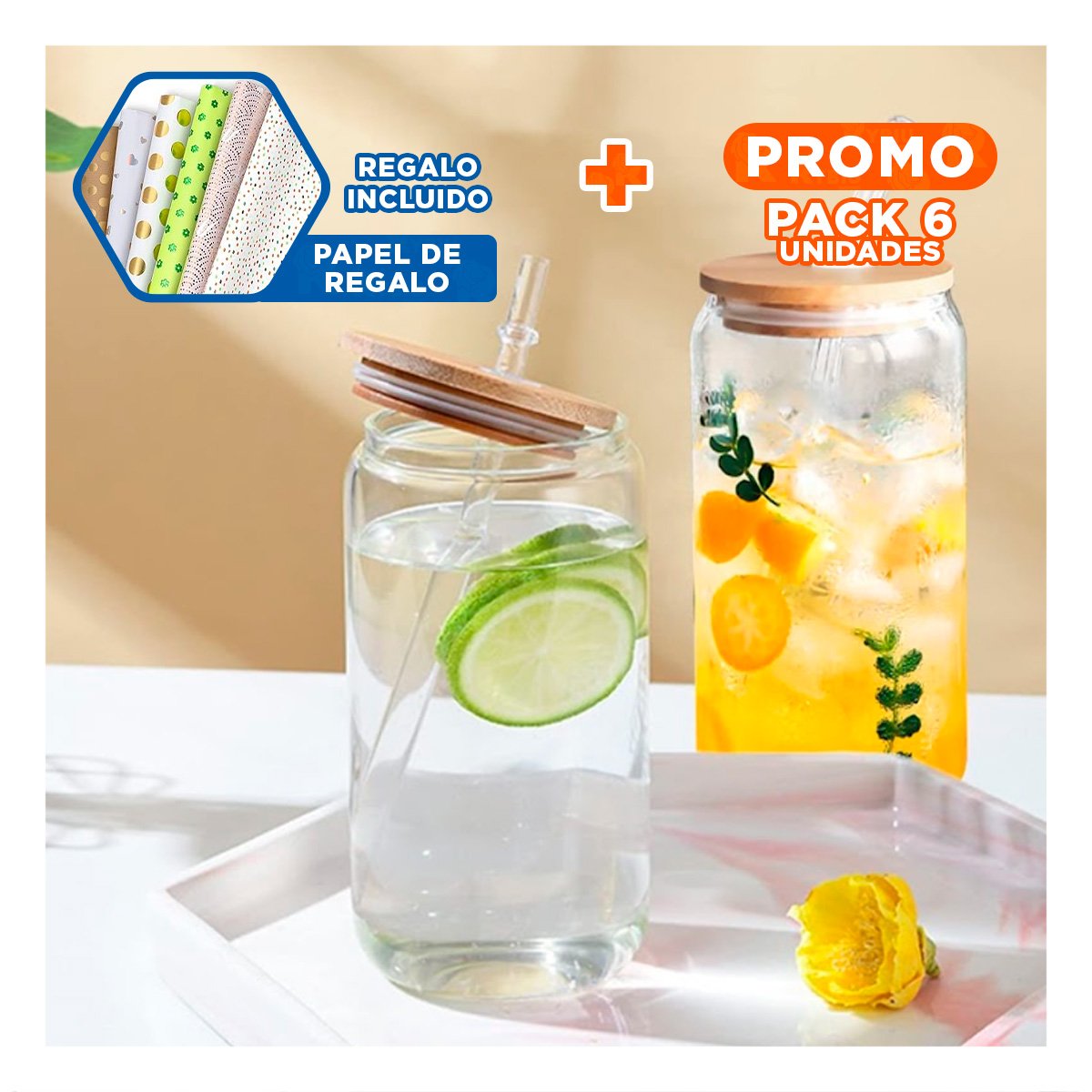 PACK6 TAZA PRACTICA DE VIDRIO 500ML CON TAPA Y SORBETE TRANSPARENTE Y+PAPEL REGALO - 1