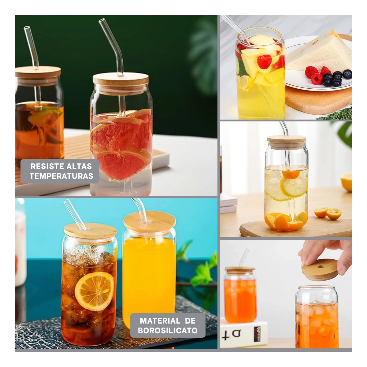 PACK6 TAZA PRACTICA DE VIDRIO 500ML CON TAPA Y SORBETE TRANSPARENTE Y+PAPEL REGALO - 3