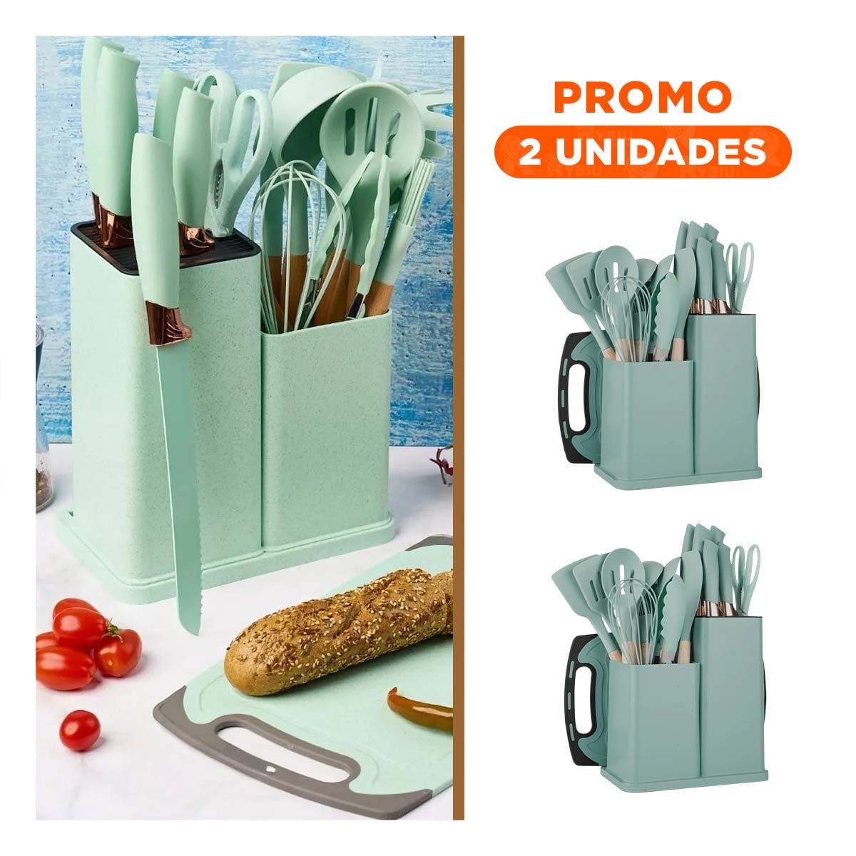 PACK2 SET COCINA INTEGRAL ACABADO VERDE CON 18 PIEZAS Y TABLA INOXIDABLE - 1