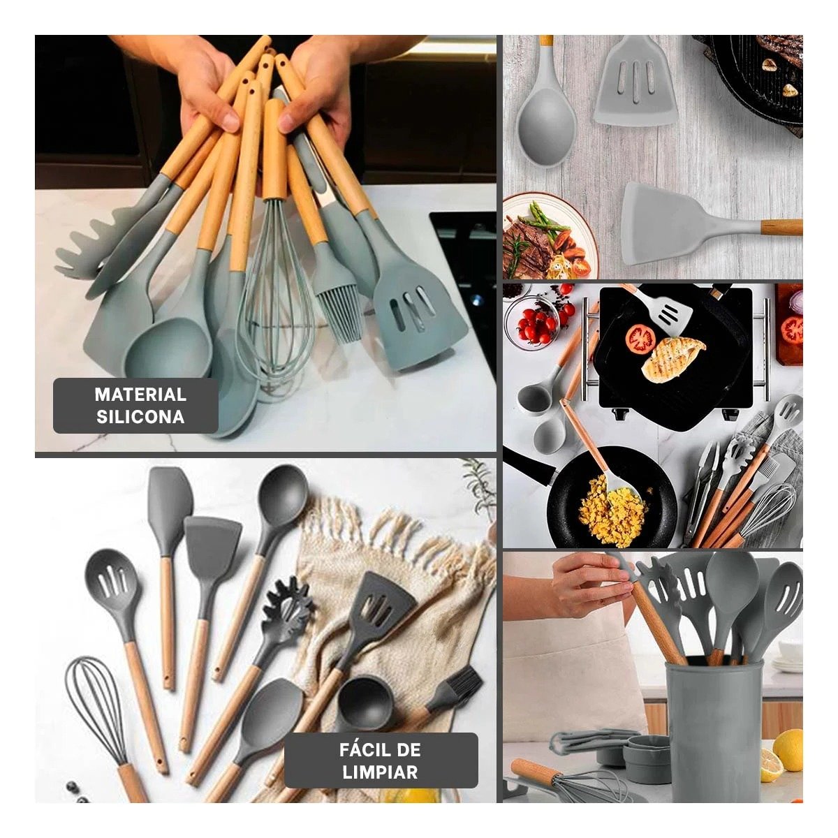 PACK6 CONJUNTO DE COCINA EN SILICONA COLOR GRIS CON 12 PIEZAS PARA USO DIARIO Y+PAPEL REGALO - 3