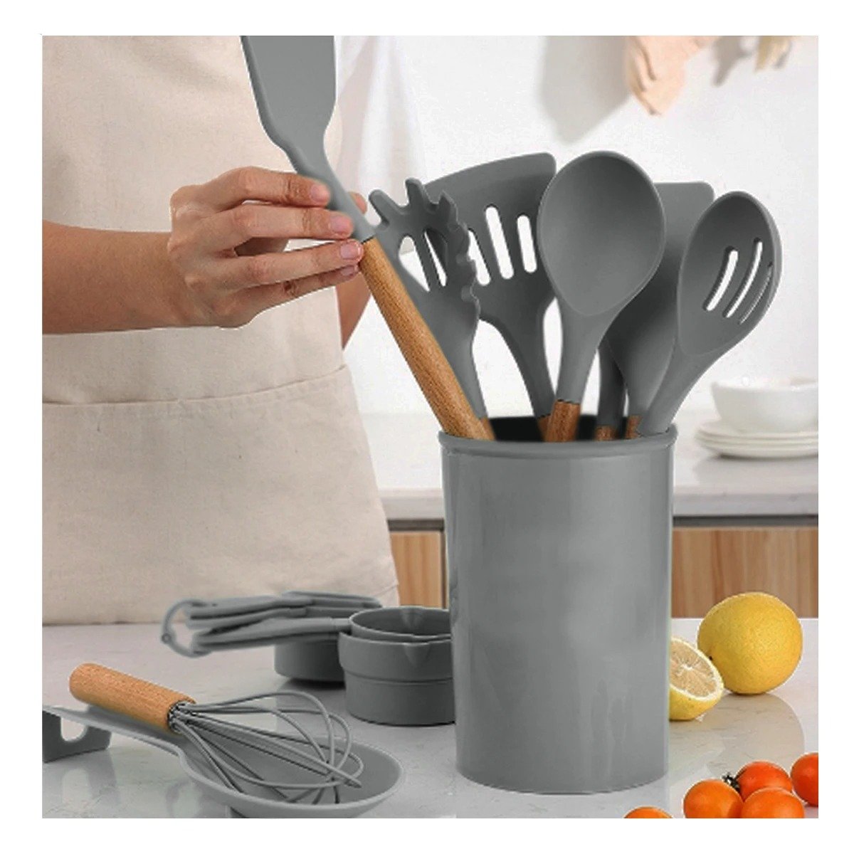 PACK6 CONJUNTO DE COCINA EN SILICONA COLOR GRIS CON 12 PIEZAS PARA USO DIARIO Y+PAPEL REGALO - 5