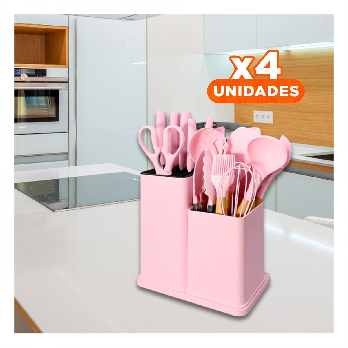 PACK4 SET COCINA MODERNA CON 18 PIEZAS EN ROSADO Y ESTRUCTURA INOXIDABLE - 1