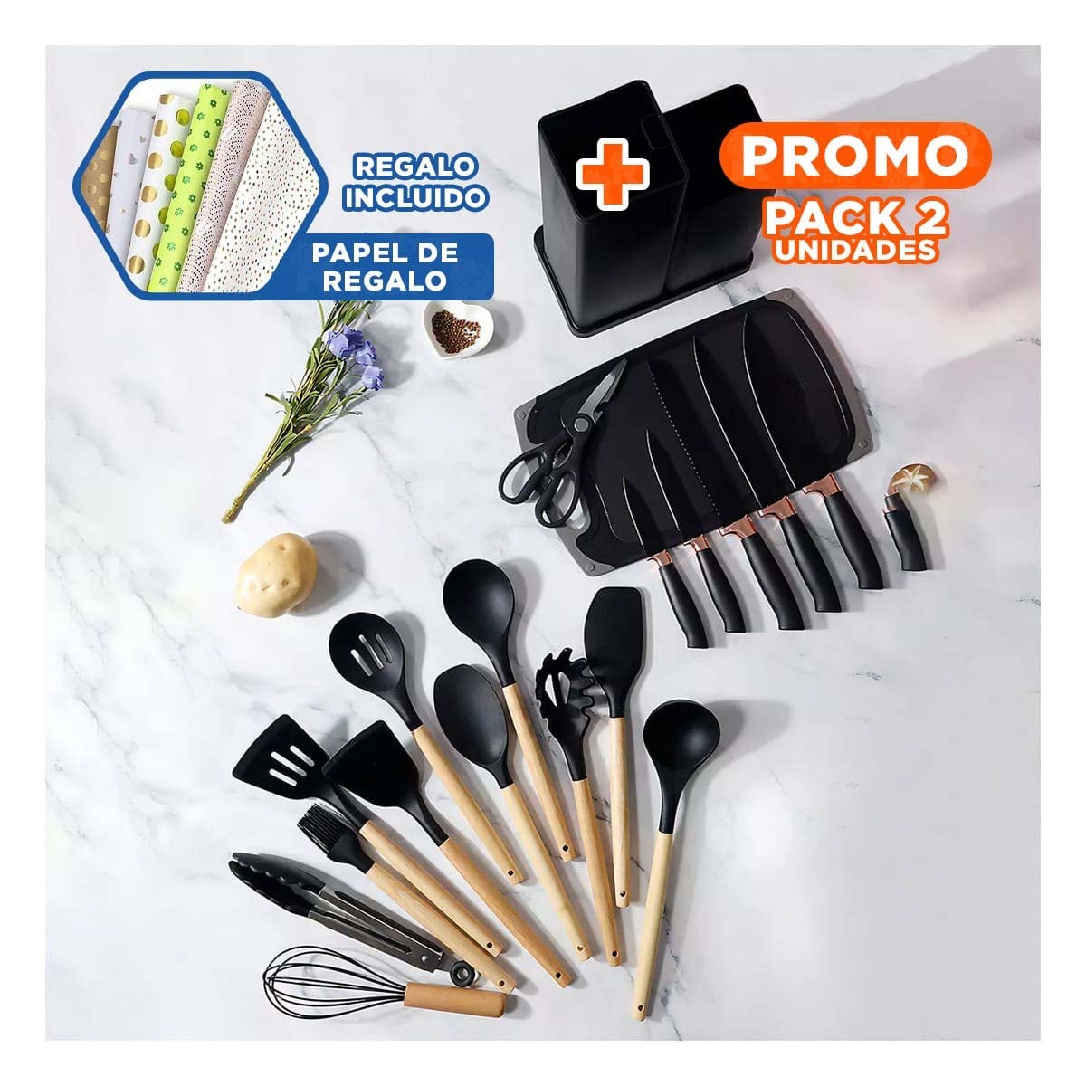 PACK2 SET 18 PIEZAS COCINA PROFESIONAL FABRICADAS EN ACERO INOXIDABLE NEGRO Y+PAPEL REGALO - 1