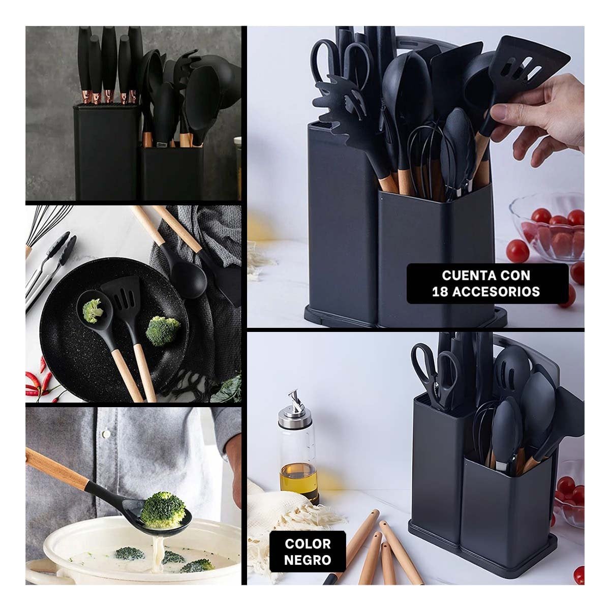 PACK2 SET 18 PIEZAS COCINA PROFESIONAL FABRICADAS EN ACERO INOXIDABLE NEGRO Y+PAPEL REGALO - 3