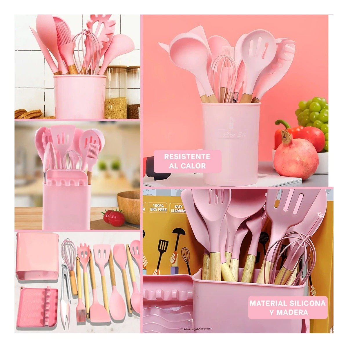 PACK4 SET REFORZADO DE COLOR ROSADO 11 CUCHARONES DE SILICONA CON SOPORTE Y+REGALO STICKER - 2