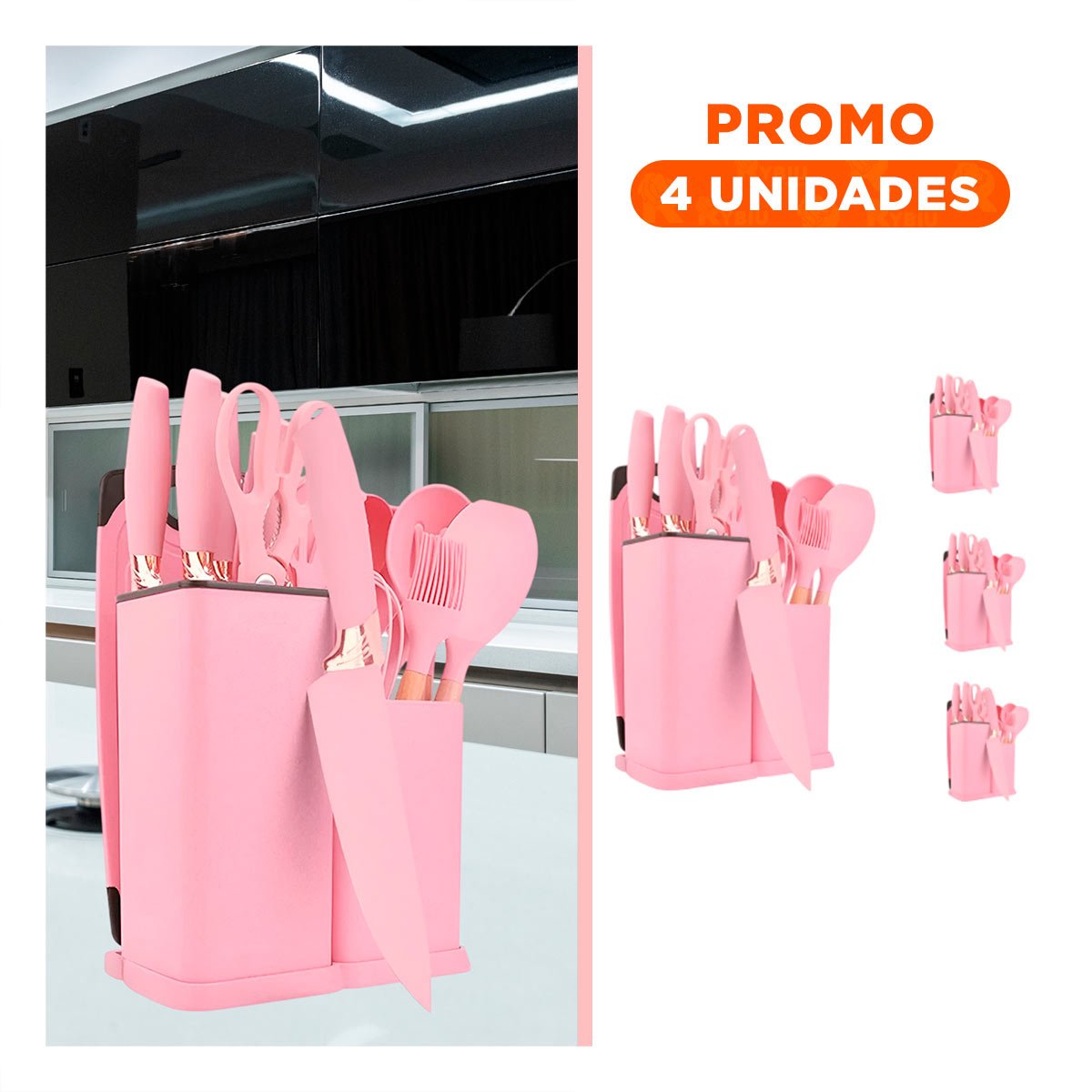 PACK4 EQUIPO COCINA PROFESIONAL FABRICADO EN ACERO INOXIDABLE 18 PIEZAS ROSADO Y+REGALO STICKER - 1