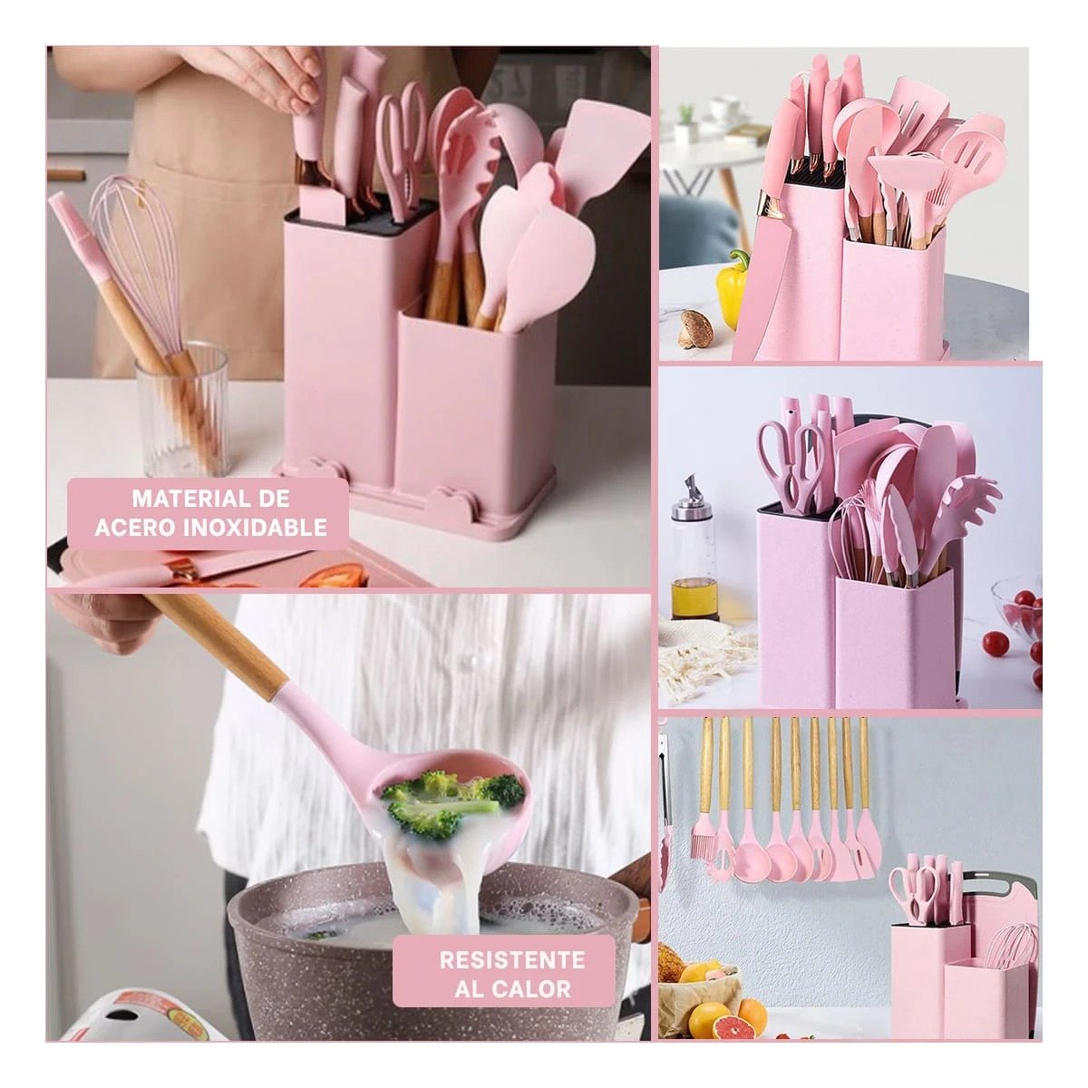 PACK4 EQUIPO COCINA PROFESIONAL FABRICADO EN ACERO INOXIDABLE 18 PIEZAS ROSADO Y+REGALO STICKER - 2