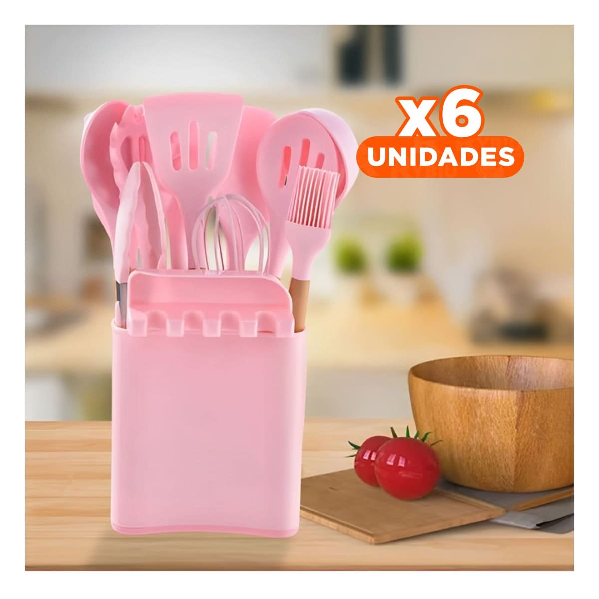 PACK6 JUEGO ANTIADHERENTE DE COLOR ROSADO 11 CUCHARONES SILICONA CON SOPORTE Y+REGALO STICKER - 1