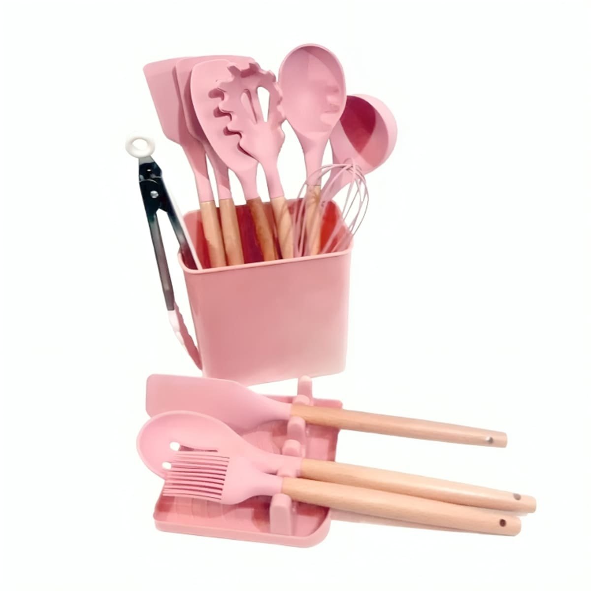 PACK6 JUEGO ANTIADHERENTE DE COLOR ROSADO 11 CUCHARONES SILICONA CON SOPORTE Y+REGALO STICKER - 2