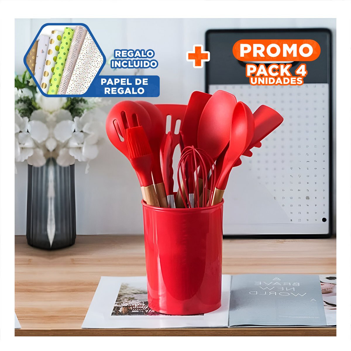 PACK4 SET PRACTICO DE COCINA COLOR ROJO CON 12 PIEZAS EN SILICONA FLEXIBLE Y+PAPEL REGALO - 1